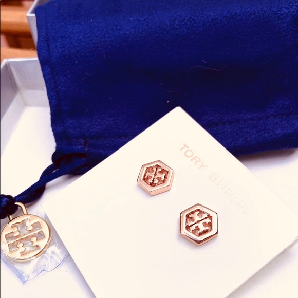 Tory Burch Rose Gold Hexagon Stud Earrings - Picture 5 of 6